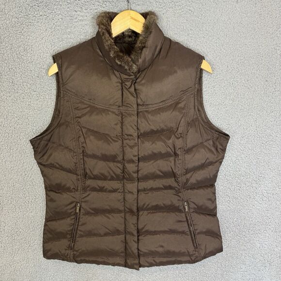 Eddie Bauer Puffer‎ Vest Womens L Brown Goose Down Zip Pockets Outdoor Faux Fur - Picture 1 of 7